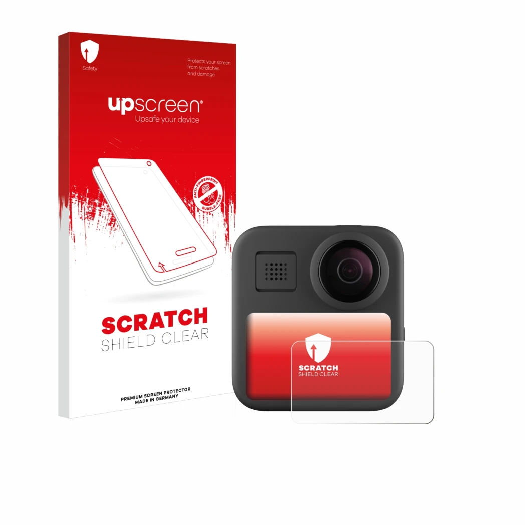 Face avant d’un emballage produit avec le logo de la marque upscreen. À côté, l’appareil GoPro Max (2025) est représenté avec 