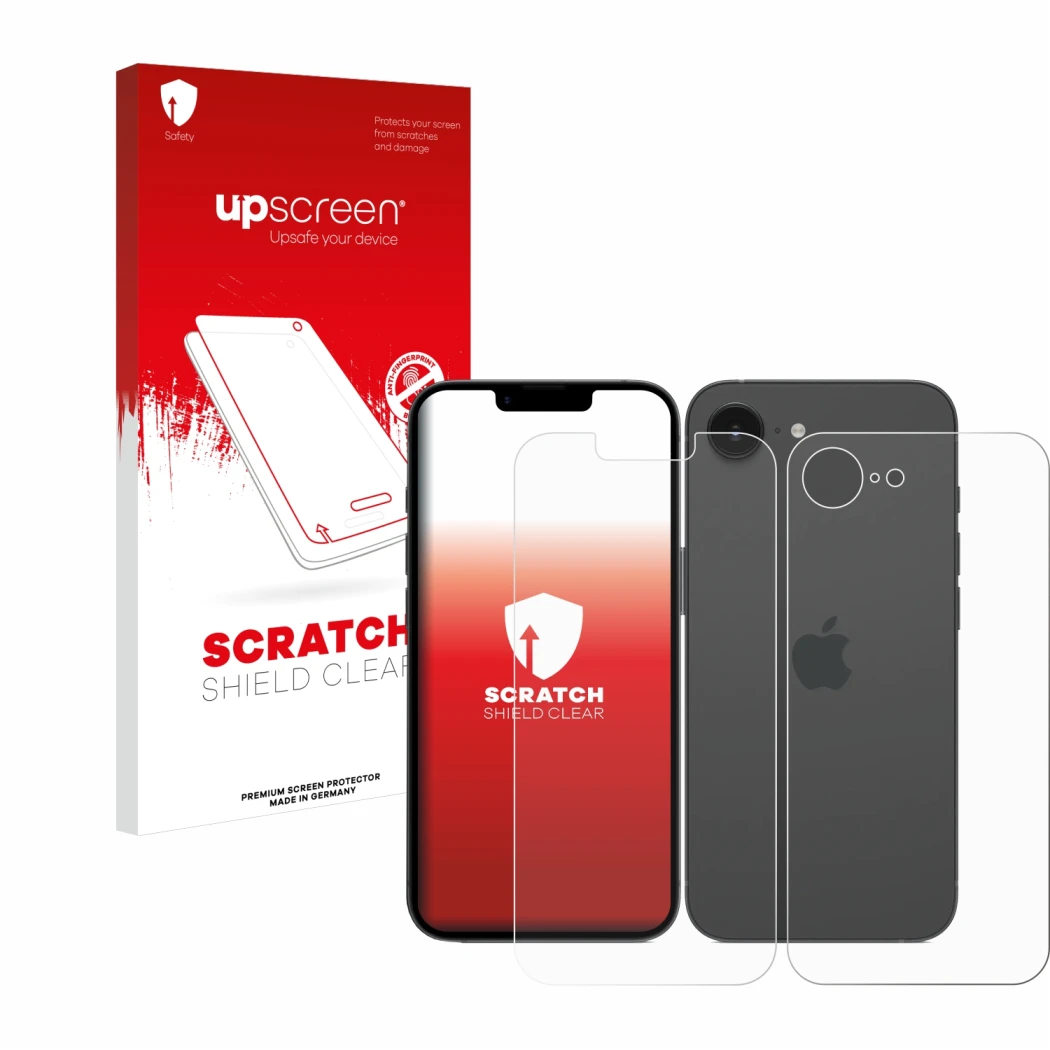 Face avant d’un emballage produit avec le logo de la marque upscreen. À côté, l’appareil Apple iPhone 16e (Avant+Arrière) est