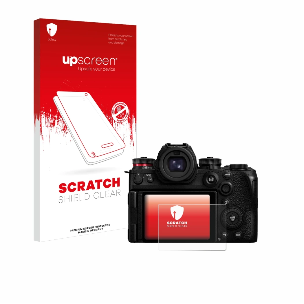 Face avant d’un emballage produit avec le logo de la marque upscreen. À côté, l’appareil Panasonic Lumix S1R II est représenté