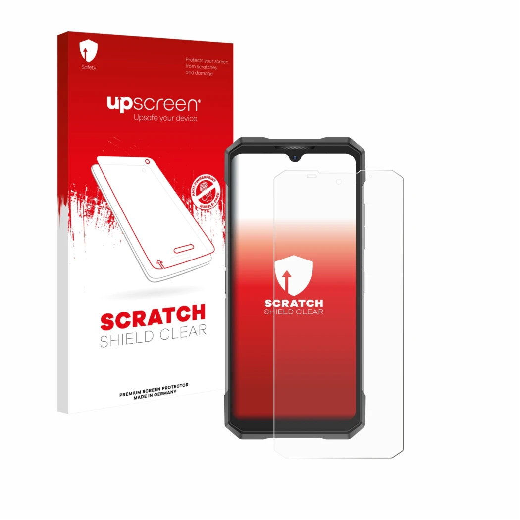 Face avant d’un emballage produit avec le logo de la marque upscreen. À côté, l’appareil Doogee S200X est représenté avec la p