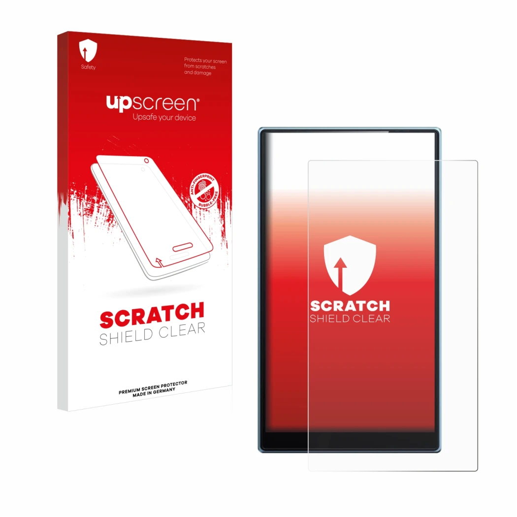 Face avant d’un emballage produit avec le logo de la marque upscreen. À côté, l’appareil FiiO JM21 est représenté avec la prot