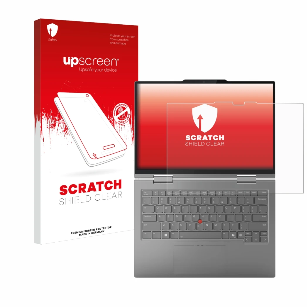 Face avant d’un emballage produit avec le logo de la marque upscreen. À côté, l’appareil Lenovo ThinkPad X1 2-in-1 Gen 10 14