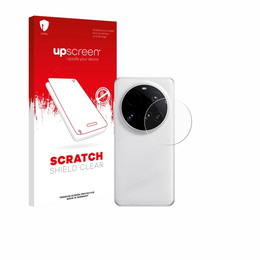 Face avant d’un emballage produit avec le logo de la marque upscreen. À côté, l’appareil Xiaomi 15 Ultra (Caméra UNIQUEMENT) e