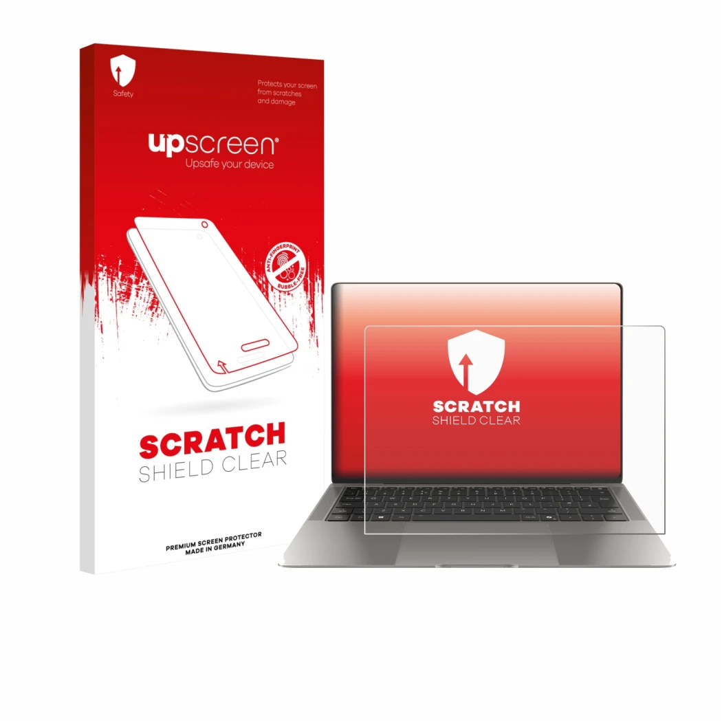 Face avant d’un emballage produit avec le logo de la marque upscreen. À côté, l’appareil Honor MagicBook Art 14 est représenté