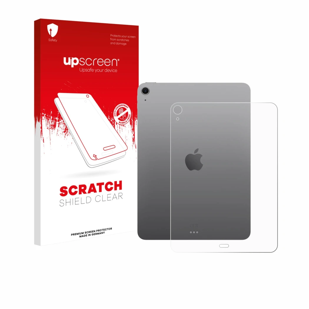 Face avant d’un emballage produit avec le logo de la marque upscreen. À côté, l’appareil Apple iPad Air 11