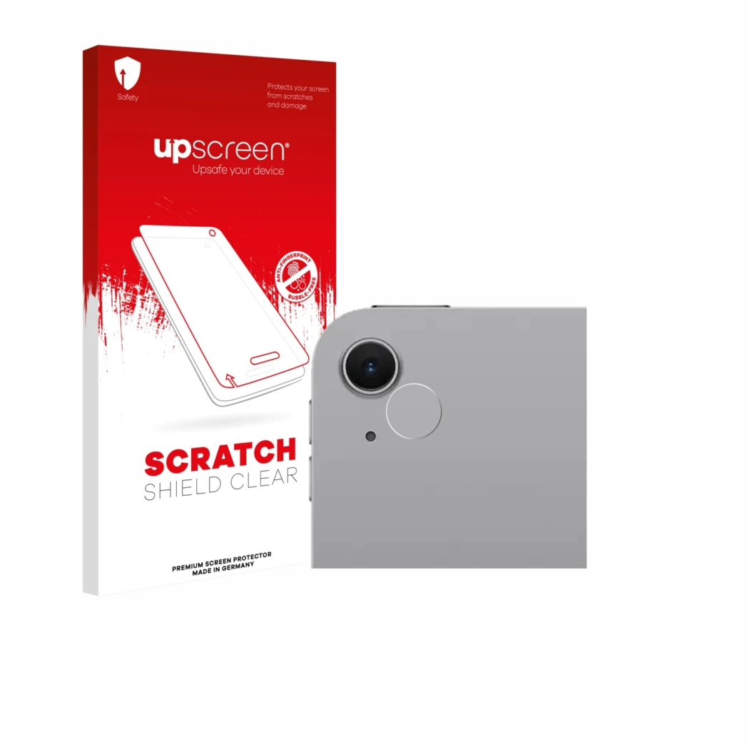 Face avant d’un emballage produit avec le logo de la marque upscreen. À côté, l’appareil Apple iPad Air 11