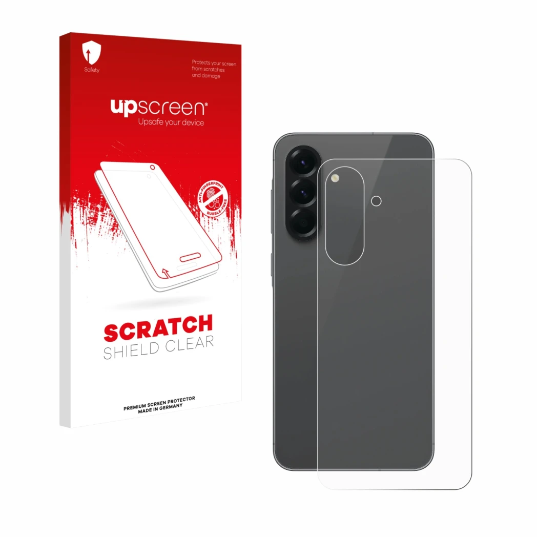 Face avant d’un emballage produit avec le logo de la marque upscreen. À côté, l’appareil Samsung Galaxy A56 5G (Arrière) est r