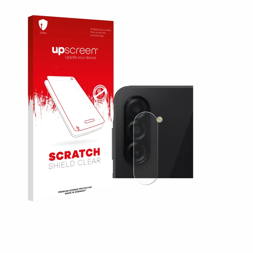 Face avant d’un emballage produit avec le logo de la marque upscreen. À côté, l’appareil Samsung Galaxy A26 5G (Caméra UNIQUEM