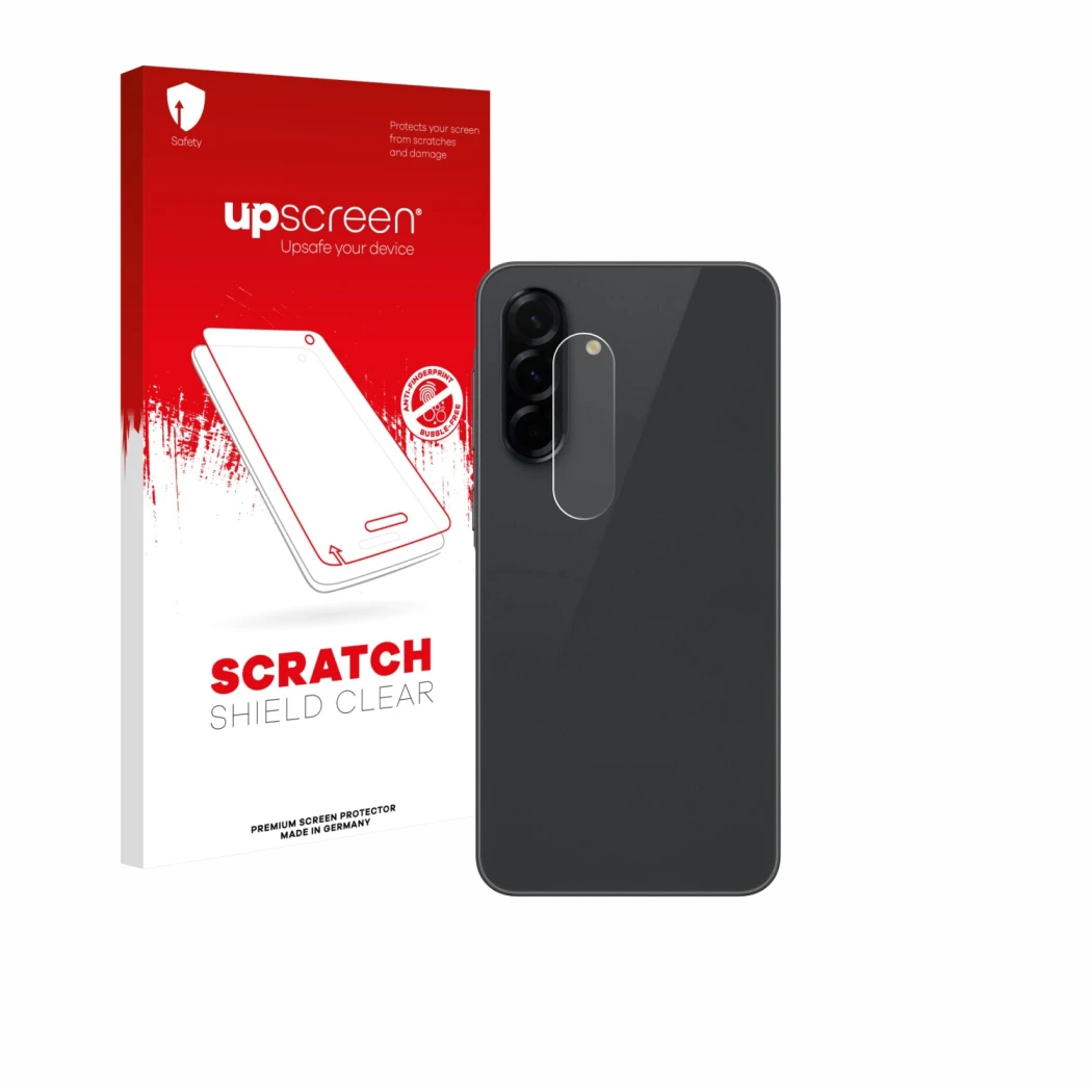 Face avant d’un emballage produit avec le logo de la marque upscreen. À côté, l’appareil Samsung Galaxy A36 5G (Caméra UNIQUEM
