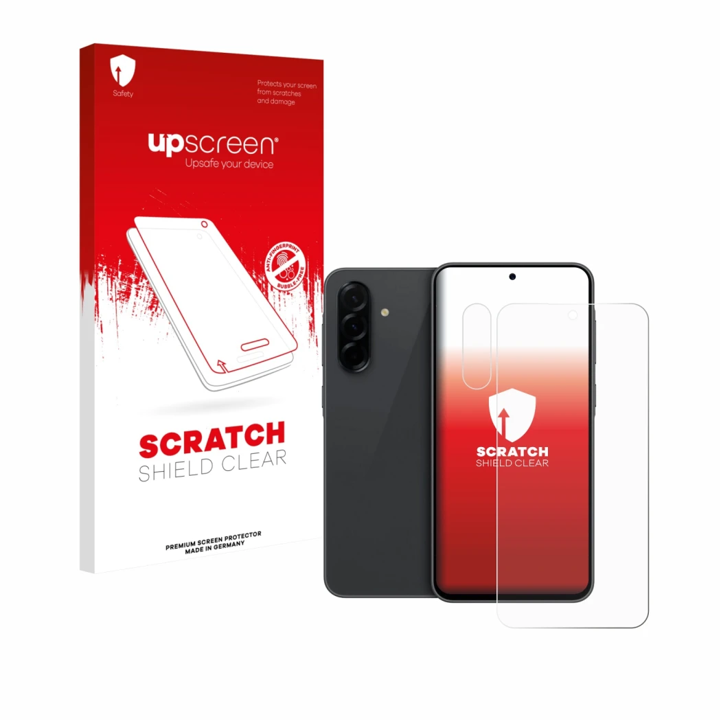 Face avant d’un emballage produit avec le logo de la marque upscreen. À côté, l’appareil Samsung Galaxy A36 5G (Avant+Caméra) 
