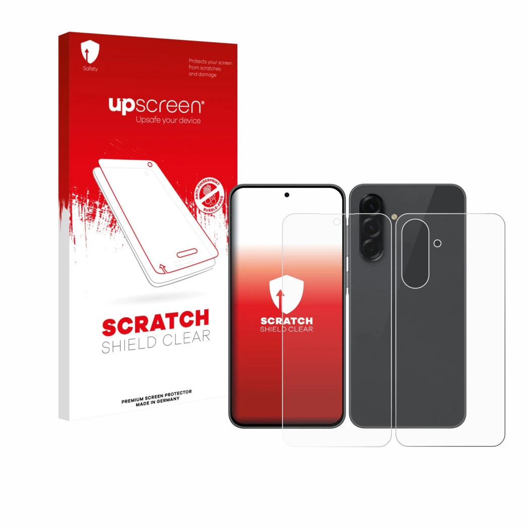 Face avant d’un emballage produit avec le logo de la marque upscreen. À côté, l’appareil Samsung Galaxy A36 5G (Avant+Arrière)