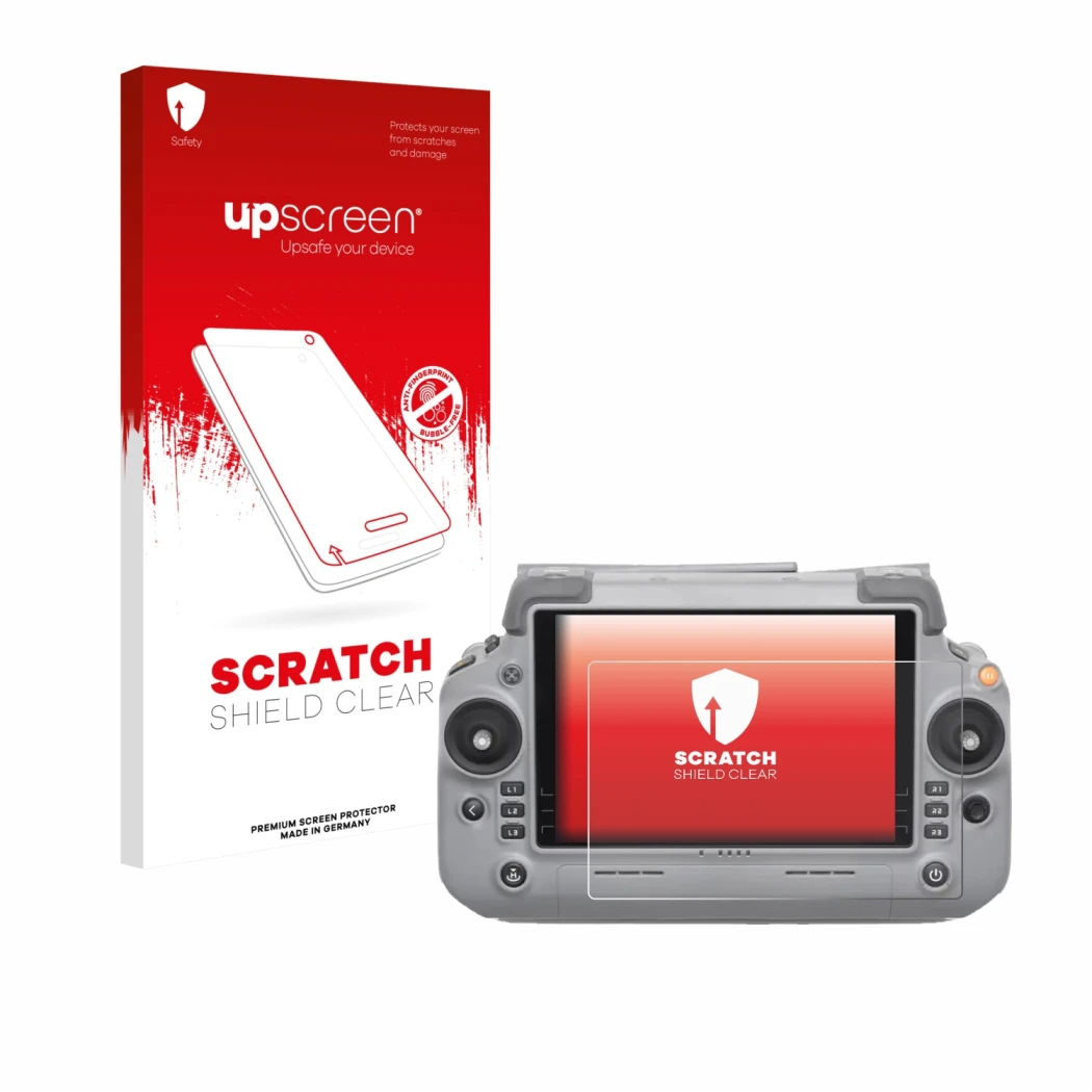Face avant d’un emballage produit avec le logo de la marque upscreen. À côté, l’appareil DJI RC Plus 2 est représenté avec la 