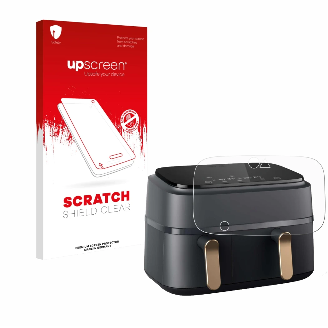 Face avant d’un emballage produit avec le logo de la marque upscreen. À côté, l’appareil Philips Airfryer NA352/00 est représe