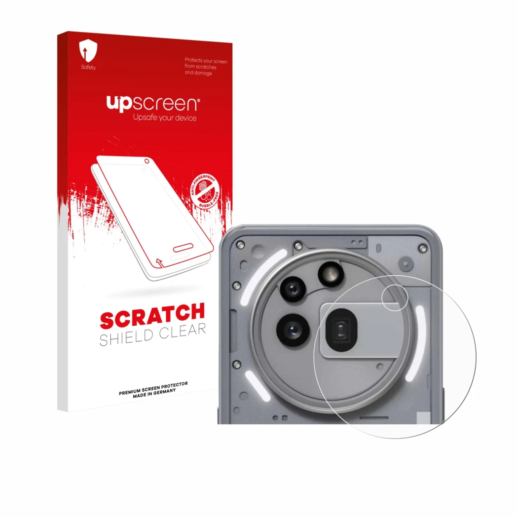 Face avant d’un emballage produit avec le logo de la marque upscreen. À côté, l’appareil Nothing Phone (3a) Pro (Caméra UNIQUE