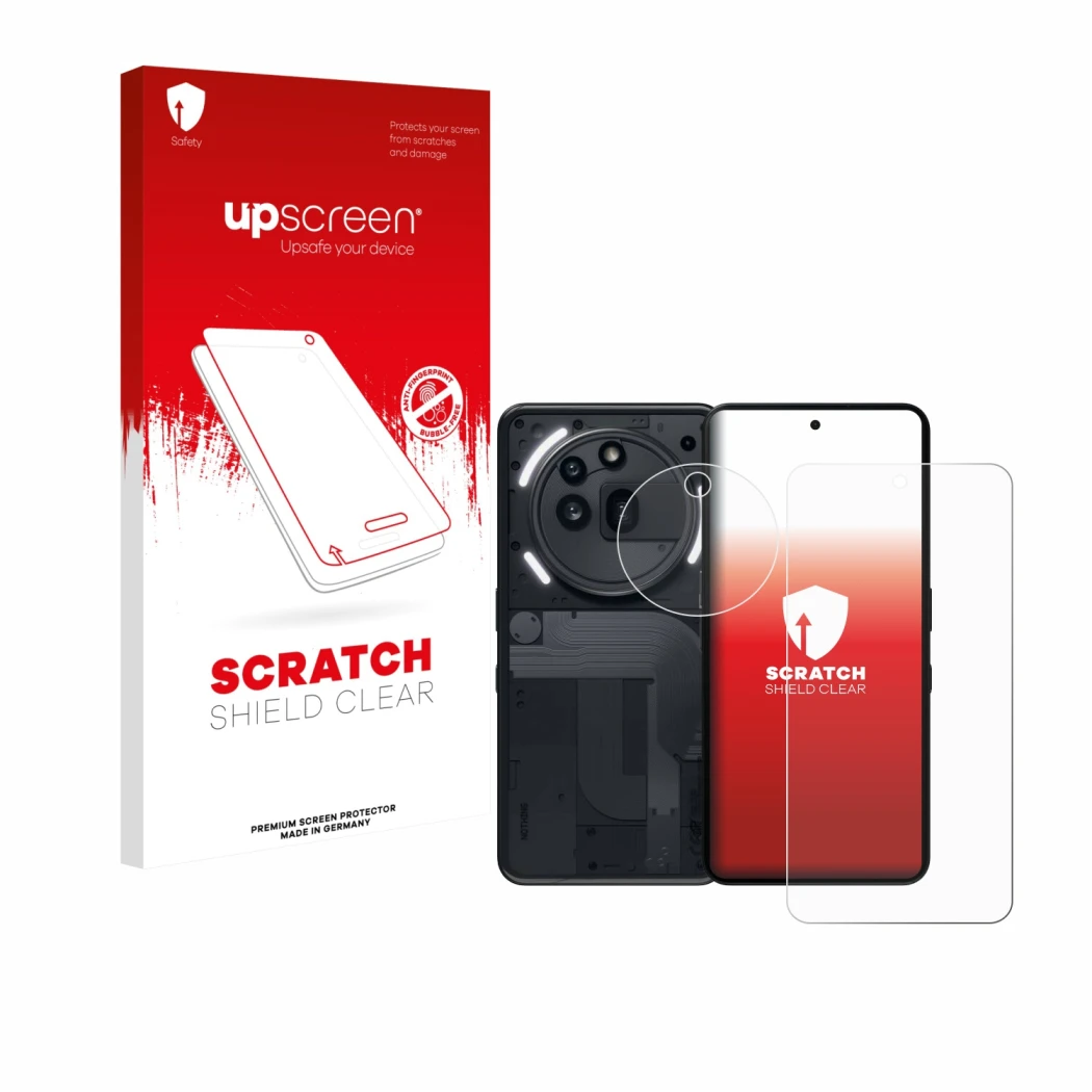 Face avant d’un emballage produit avec le logo de la marque upscreen. À côté, l’appareil Nothing Phone (3a) Pro (Avant+Caméra)