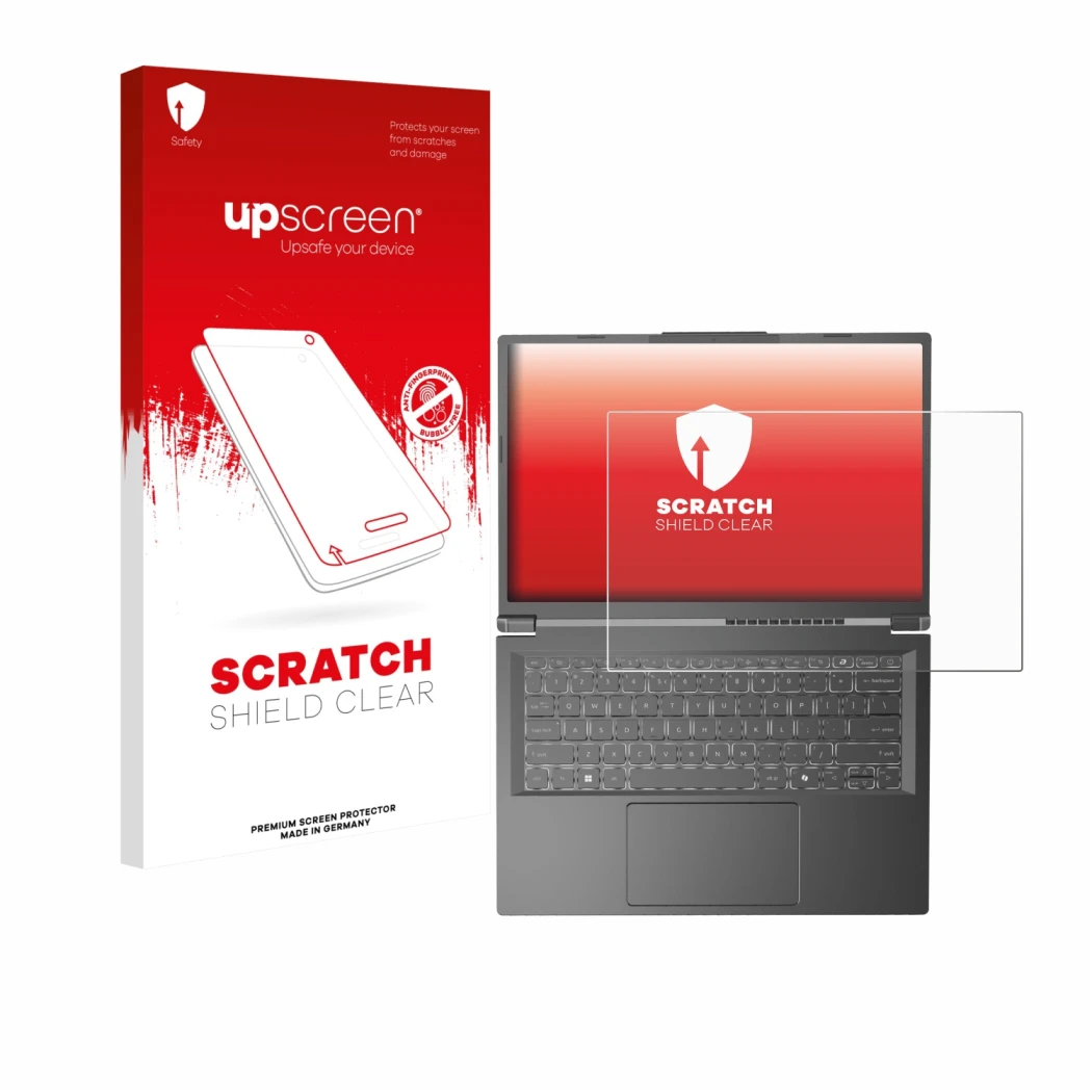 Face avant d’un emballage produit avec le logo de la marque upscreen. À côté, l’appareil Acer Aspire 14 AI est représenté avec