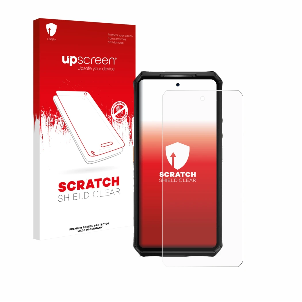 Face avant d’un emballage produit avec le logo de la marque upscreen. À côté, l’appareil Ulefone Armor 28 Ultra Thermal est re