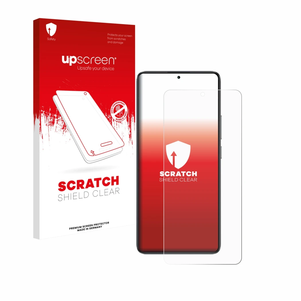 Face avant d’un emballage produit avec le logo de la marque upscreen. À côté, l’appareil Xiaomi Poco F7 Ultra est représenté a