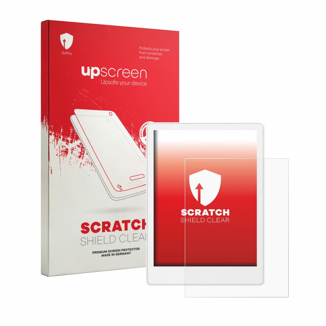 Face avant d’un emballage produit avec le logo de la marque upscreen. À côté, l’appareil Meebook M8 7.8