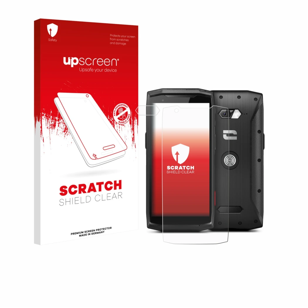 Face avant d’un emballage produit avec le logo de la marque upscreen. À côté, l’appareil Crosscall Core-M5 (Avant+Caméra) est 