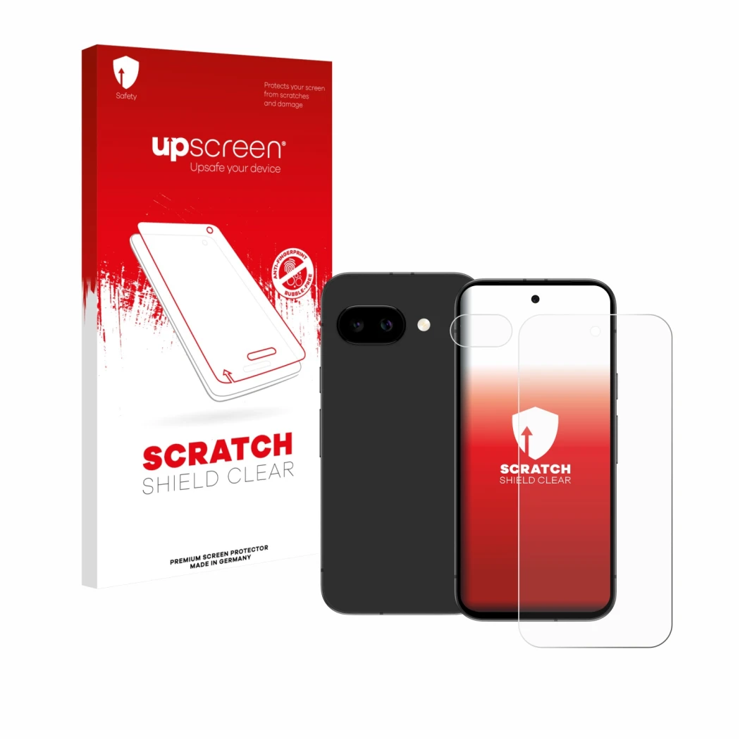 Face avant d’un emballage produit avec le logo de la marque upscreen. À côté, l’appareil Google Pixel 9a (Avant+Caméra) est re