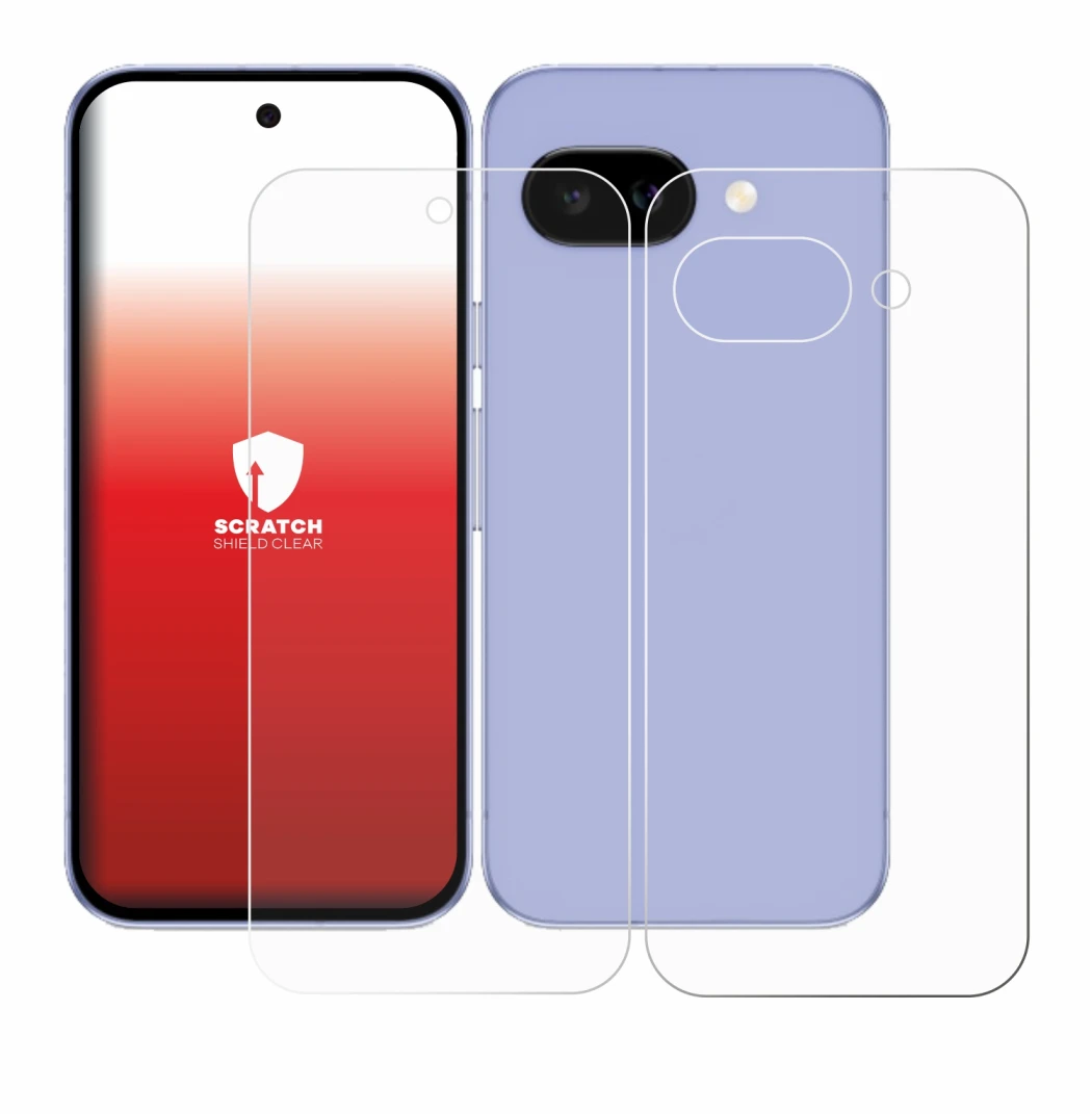 Image de l'appareil Google Pixel 9a (Avant+Arrière) avec une grande variété de protections d'écran.