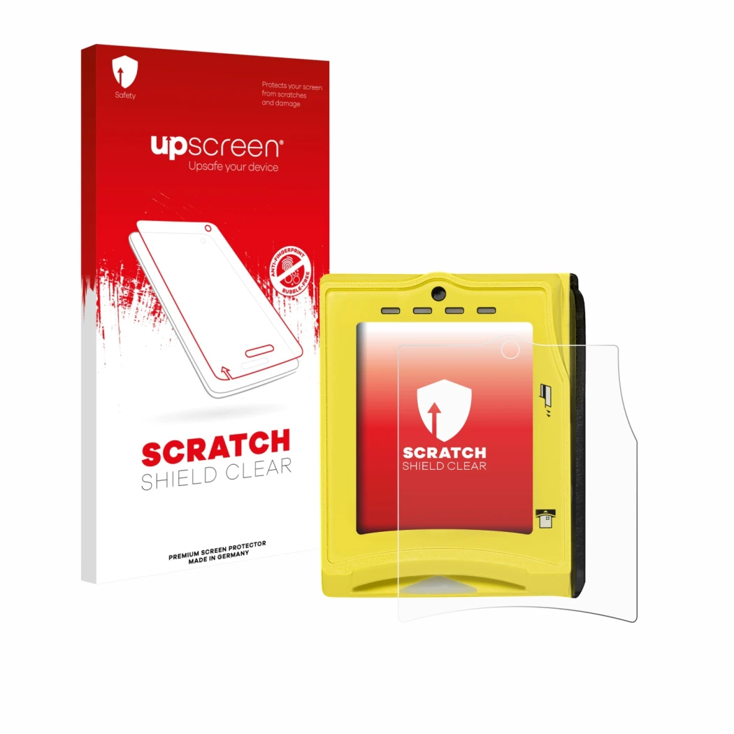 Face avant d’un emballage produit avec le logo de la marque upscreen. À côté, l’appareil Nayax VPOS TOUCH est représenté avec