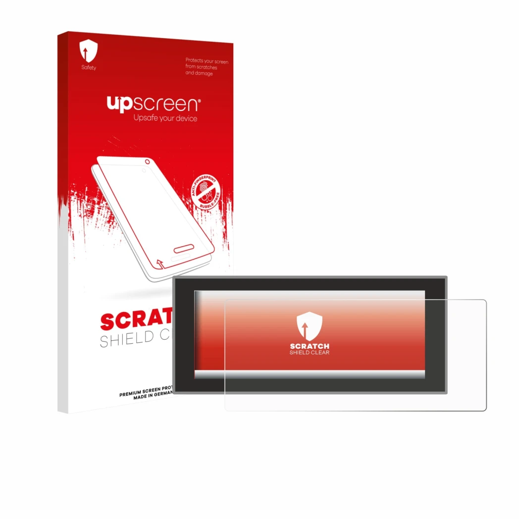 Face avant d’un emballage produit avec le logo de la marque upscreen. À côté, l’appareil Land Rover Defender (2024) est représ