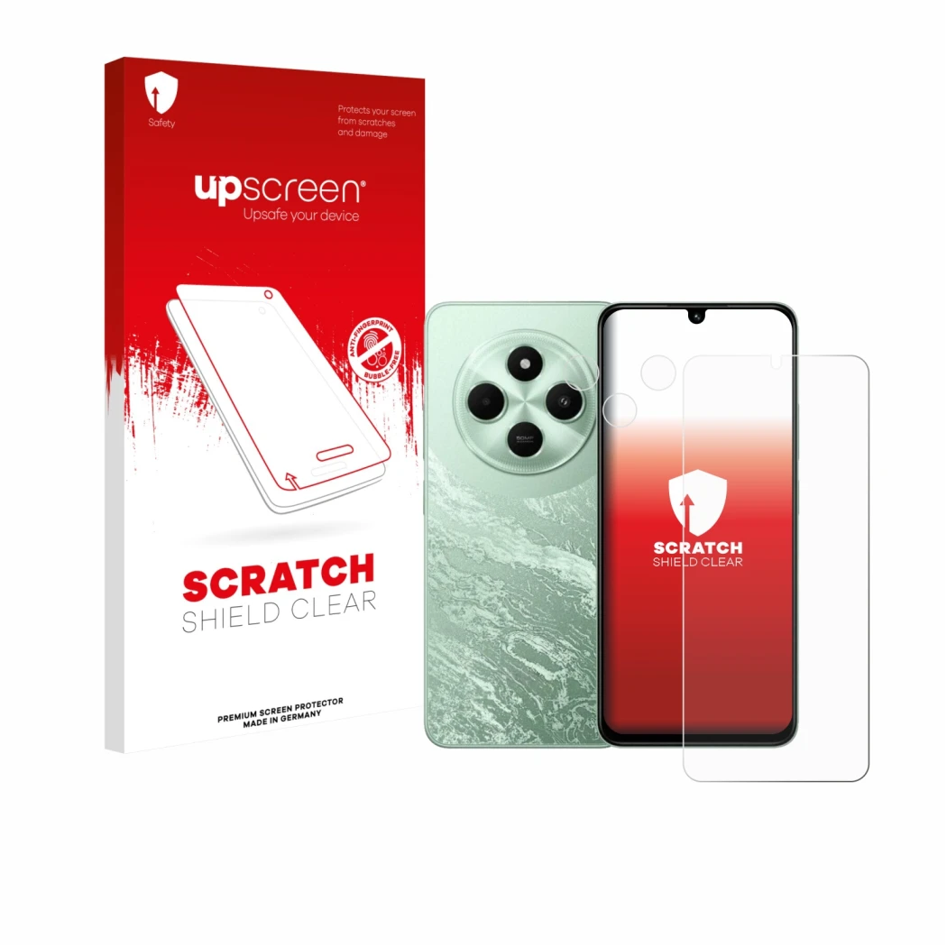 Face avant d’un emballage produit avec le logo de la marque upscreen. À côté, l’appareil Xiaomi Poco C75 (Avant+Caméra) est re