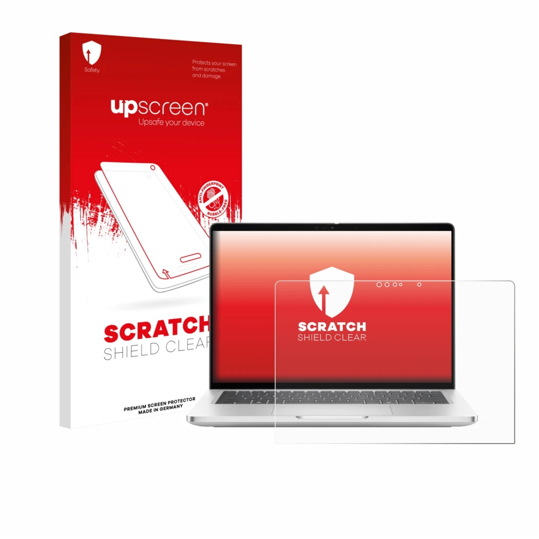 Face avant d’un emballage produit avec le logo de la marque upscreen. À côté, l’appareil Dell Pro 13 Plus 2-in-1 est représent