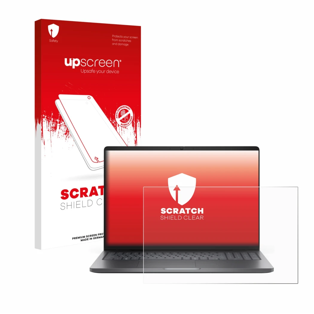 Face avant d’un emballage produit avec le logo de la marque upscreen. À côté, l’appareil Dell Pro 16 PC16250 est représenté av