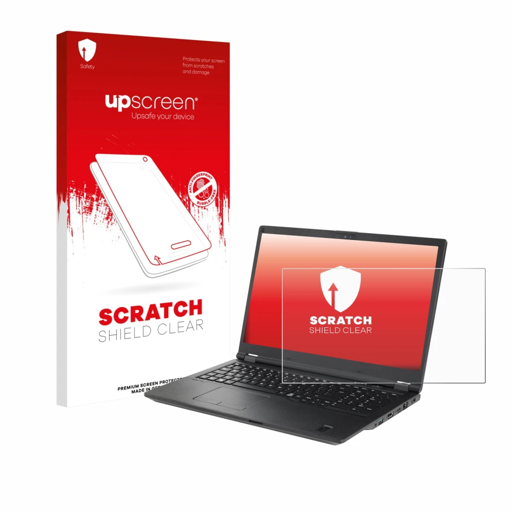 Face avant d’un emballage produit avec le logo de la marque upscreen. À côté, l’appareil Fujitsu Lifebook U7511 est représenté