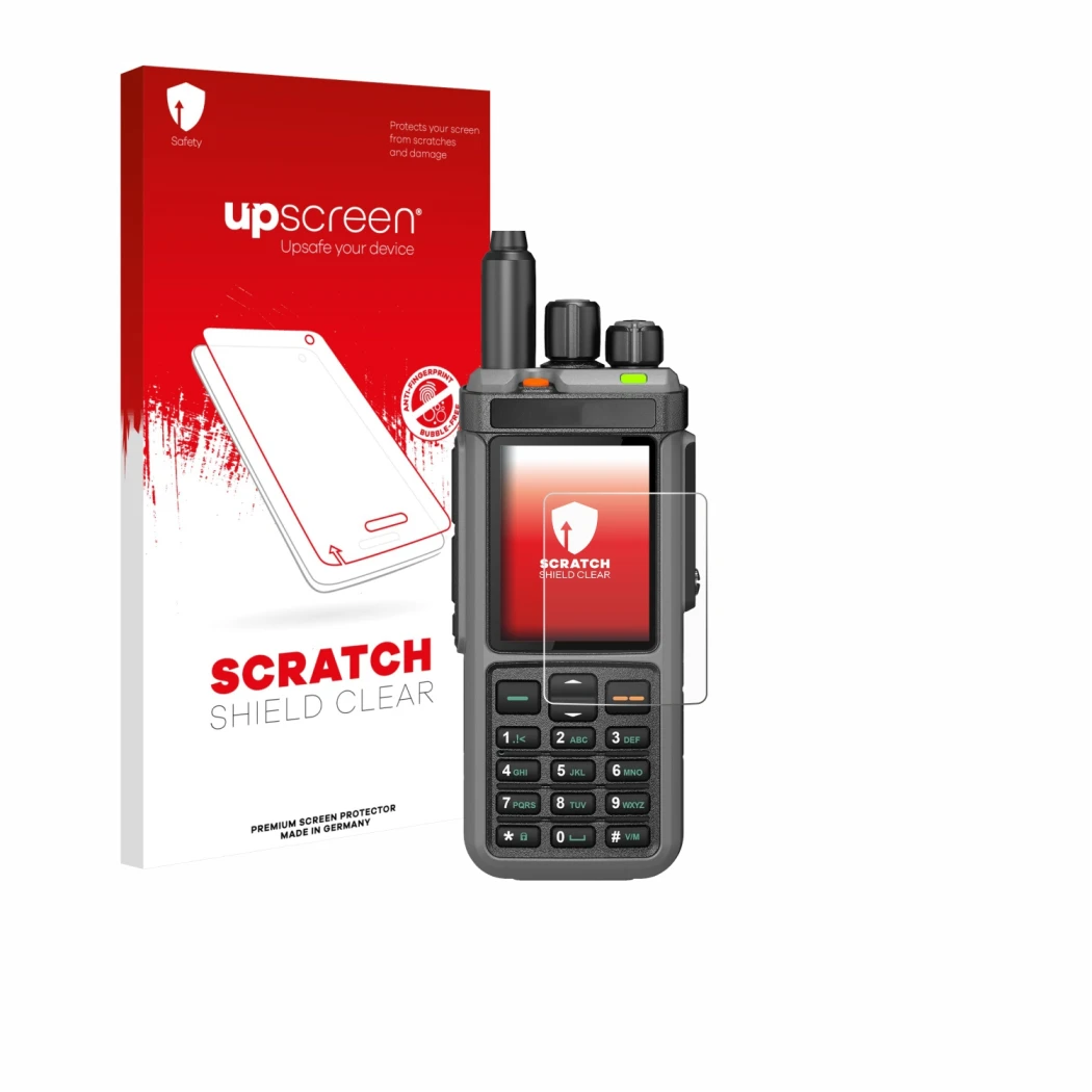 Face avant d’un emballage produit avec le logo de la marque upscreen. À côté, l’appareil Radtel RT-880 est représenté avec la 