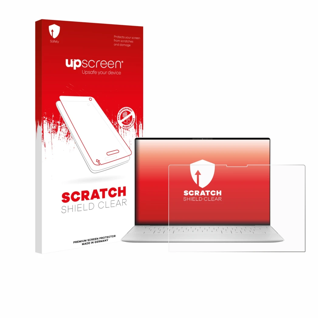 Face avant d’un emballage produit avec le logo de la marque upscreen. À côté, l’appareil Dell XPS 13 9350 2024 est représenté 