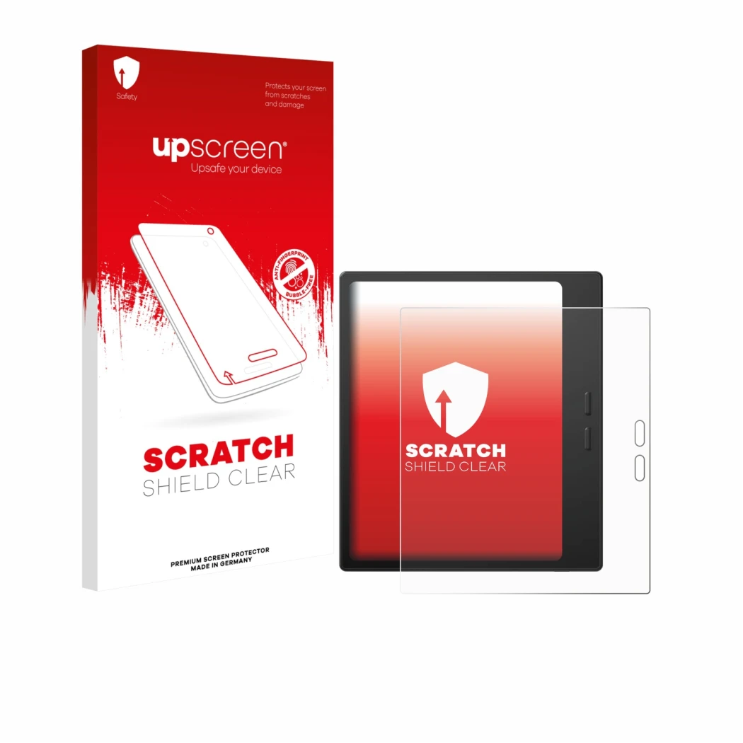 Face avant d’un emballage produit avec le logo de la marque upscreen. À côté, l’appareil Boox Go 7 est représenté avec la prot