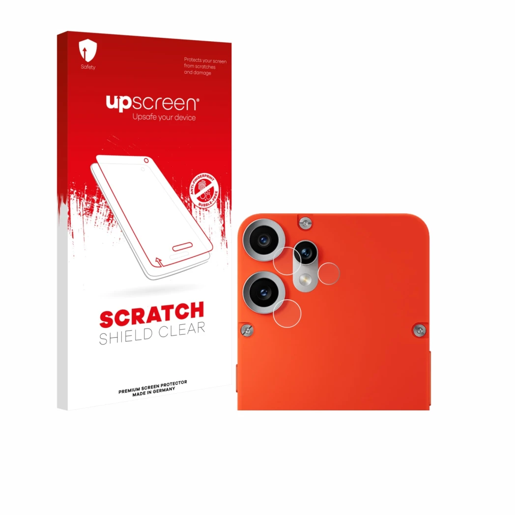 Face avant d’un emballage produit avec le logo de la marque upscreen. À côté, l’appareil Nothing CMF Phone 2 Pro (Caméra UNIQU