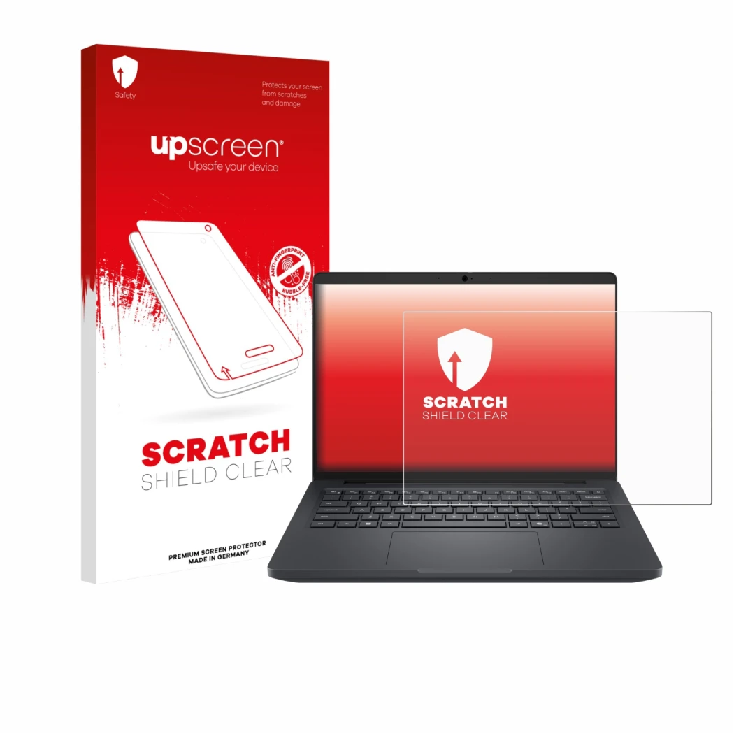 Face avant d’un emballage produit avec le logo de la marque upscreen. À côté, l’appareil Dell Pro Max 14 est représenté avec l