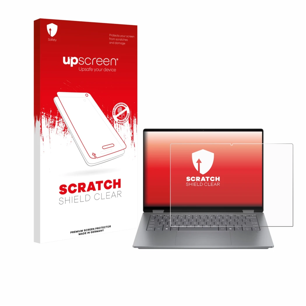Face avant d’un emballage produit avec le logo de la marque upscreen. À côté, l’appareil HP OmniBook X Flip 14 est représenté 