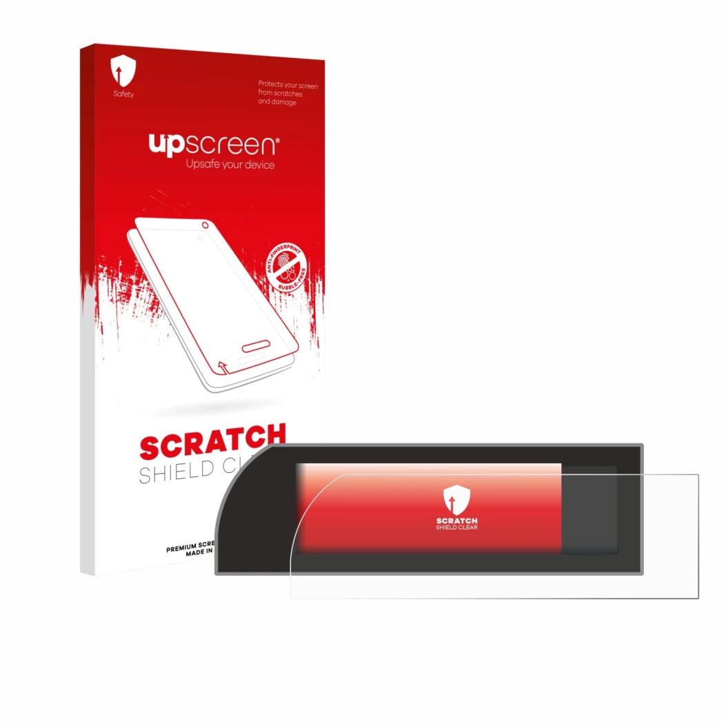 Face avant d’un emballage produit avec le logo de la marque upscreen. À côté, l’appareil Porsche 911 Typ 992 conduite à droite