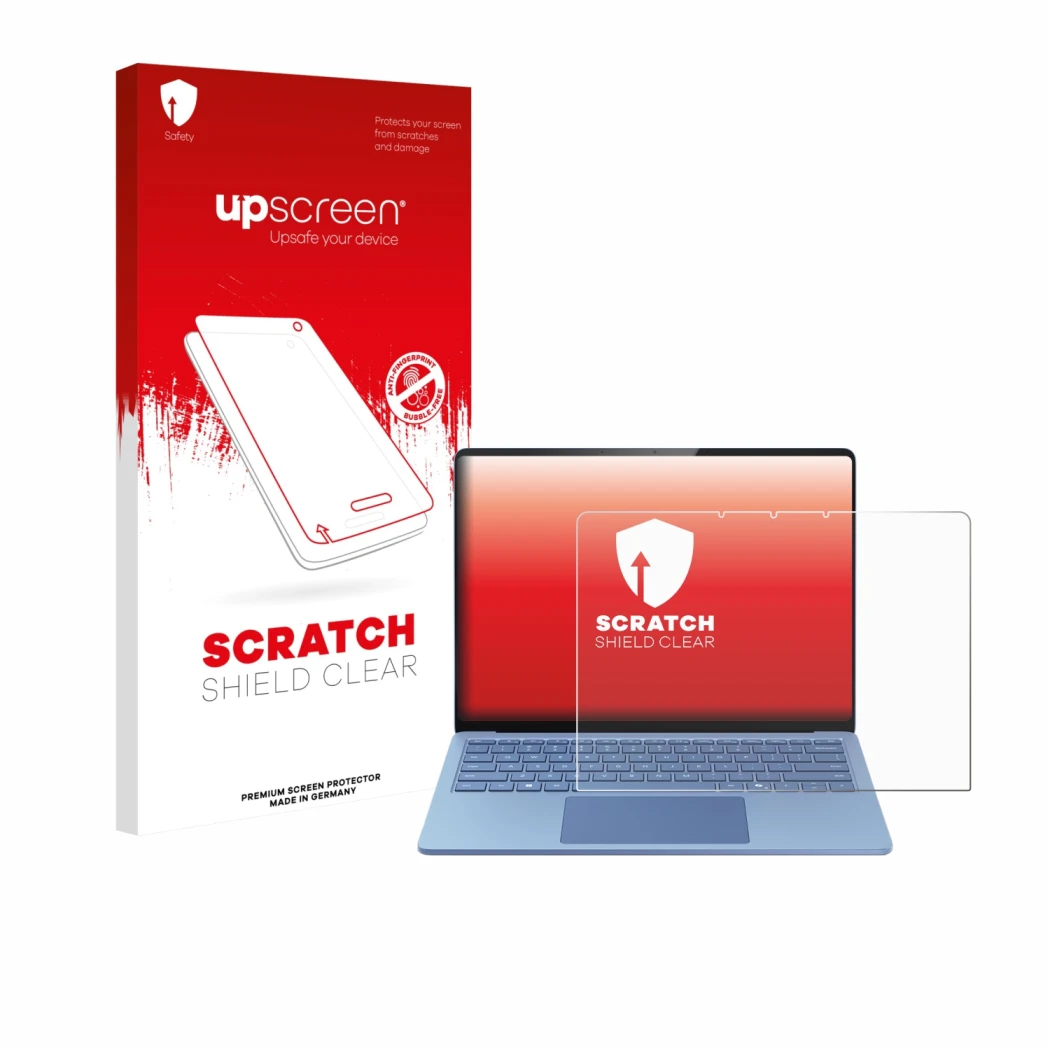 Face avant d’un emballage produit avec le logo de la marque upscreen. À côté, l’appareil Microsoft Surface Laptop 13.8