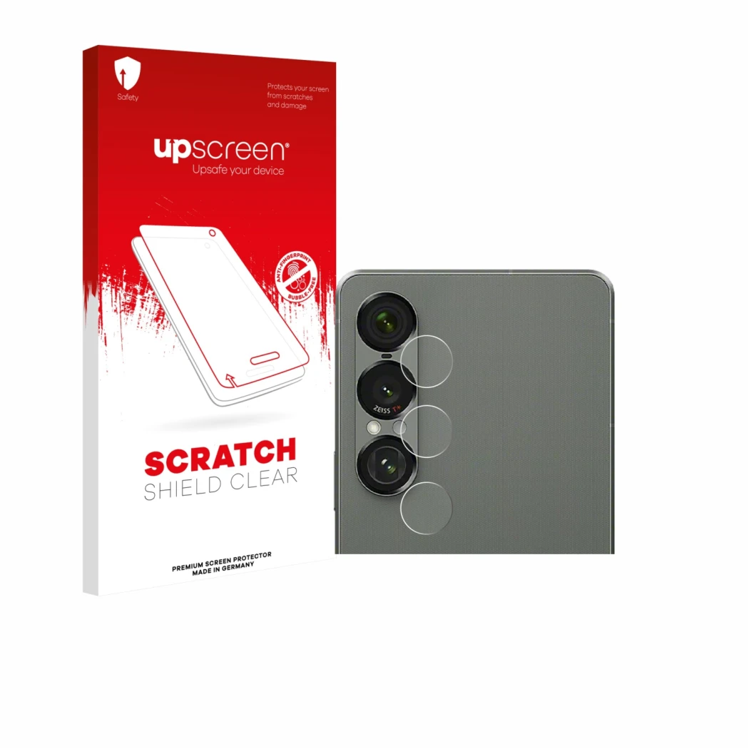 Face avant d’un emballage produit avec le logo de la marque upscreen. À côté, l’appareil Sony Xperia 1 VII (Caméra UNIQUEMENT)