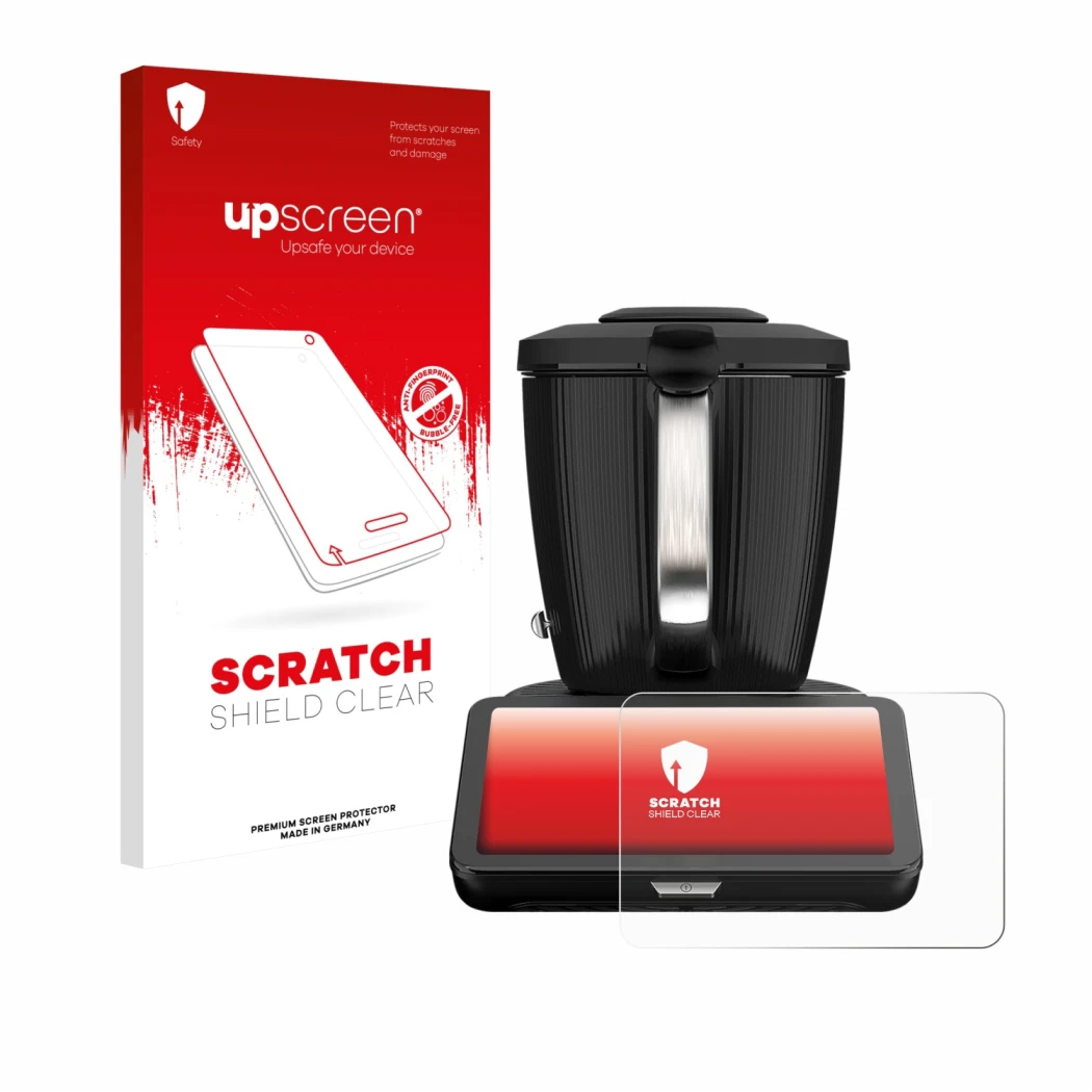Face avant d’un emballage produit avec le logo de la marque upscreen. À côté, l’appareil Vorwerk Bimby TM7 est représenté avec