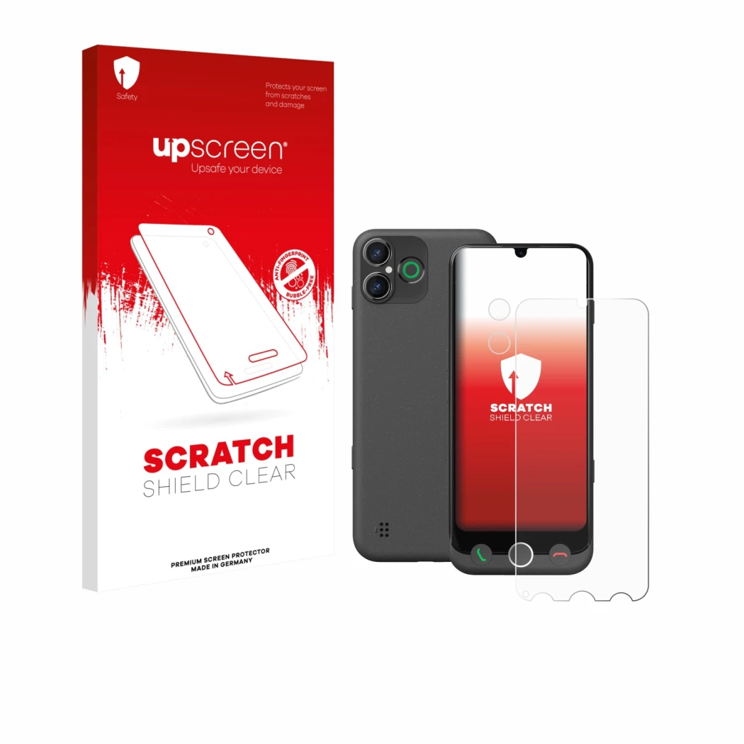 Face avant d’un emballage produit avec le logo de la marque upscreen. À côté, l’appareil Doro Aurora A30 (Avant+Caméra) est re