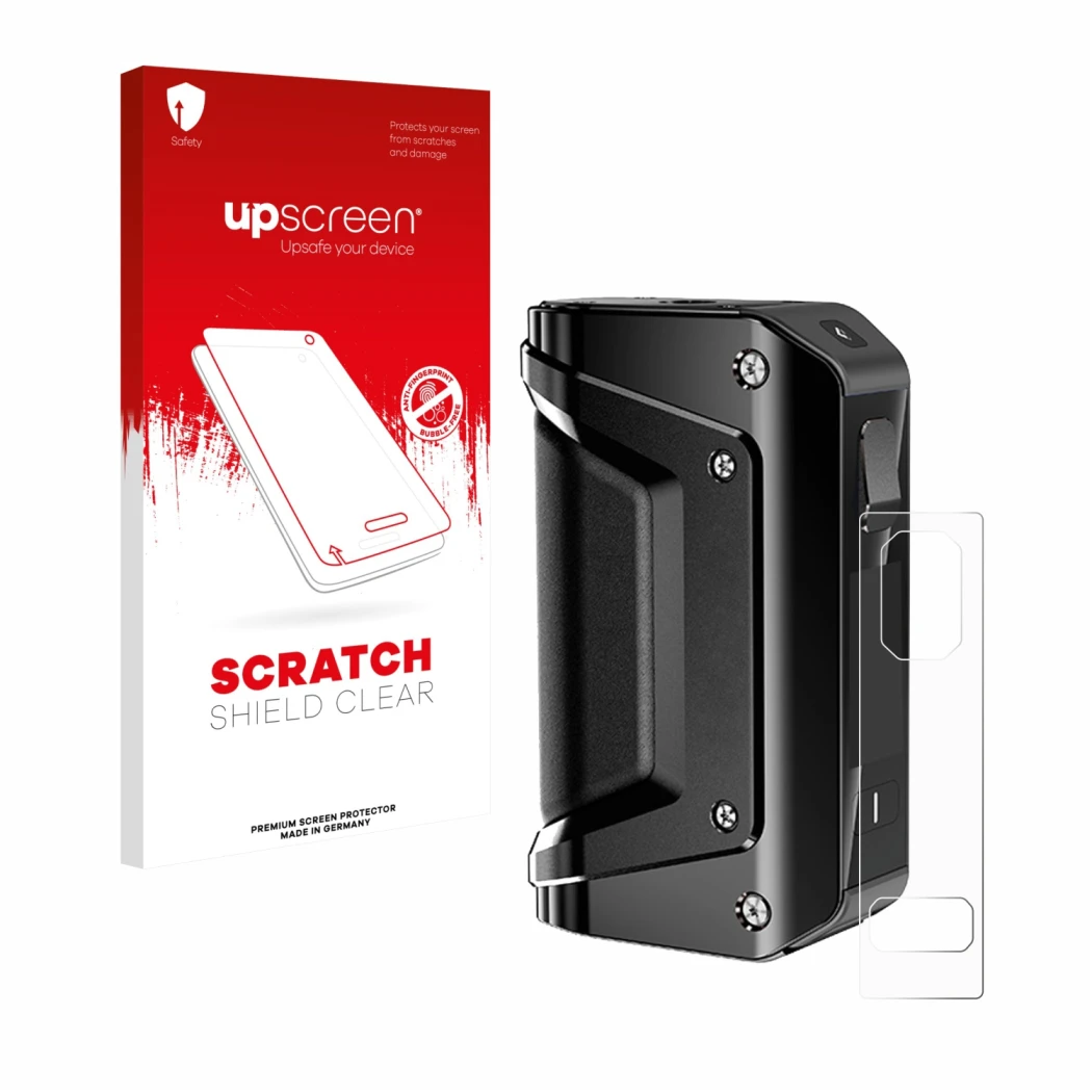 Face avant d’un emballage produit avec le logo de la marque upscreen. À côté, l’appareil GeekVape Aegis Legend 3 est représent