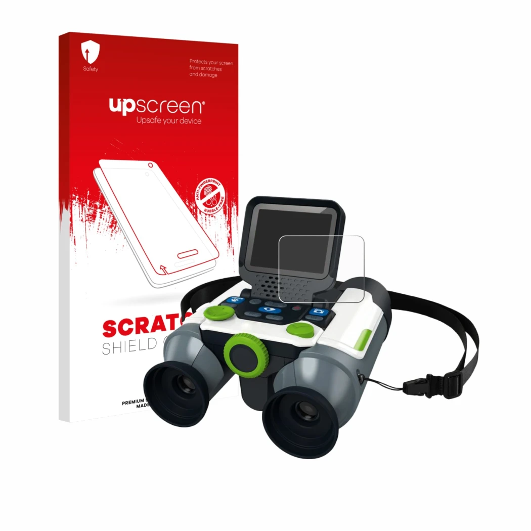 Face avant d’un emballage produit avec le logo de la marque upscreen. À côté, l’appareil Vtech Jumelles vidéo interactive est 