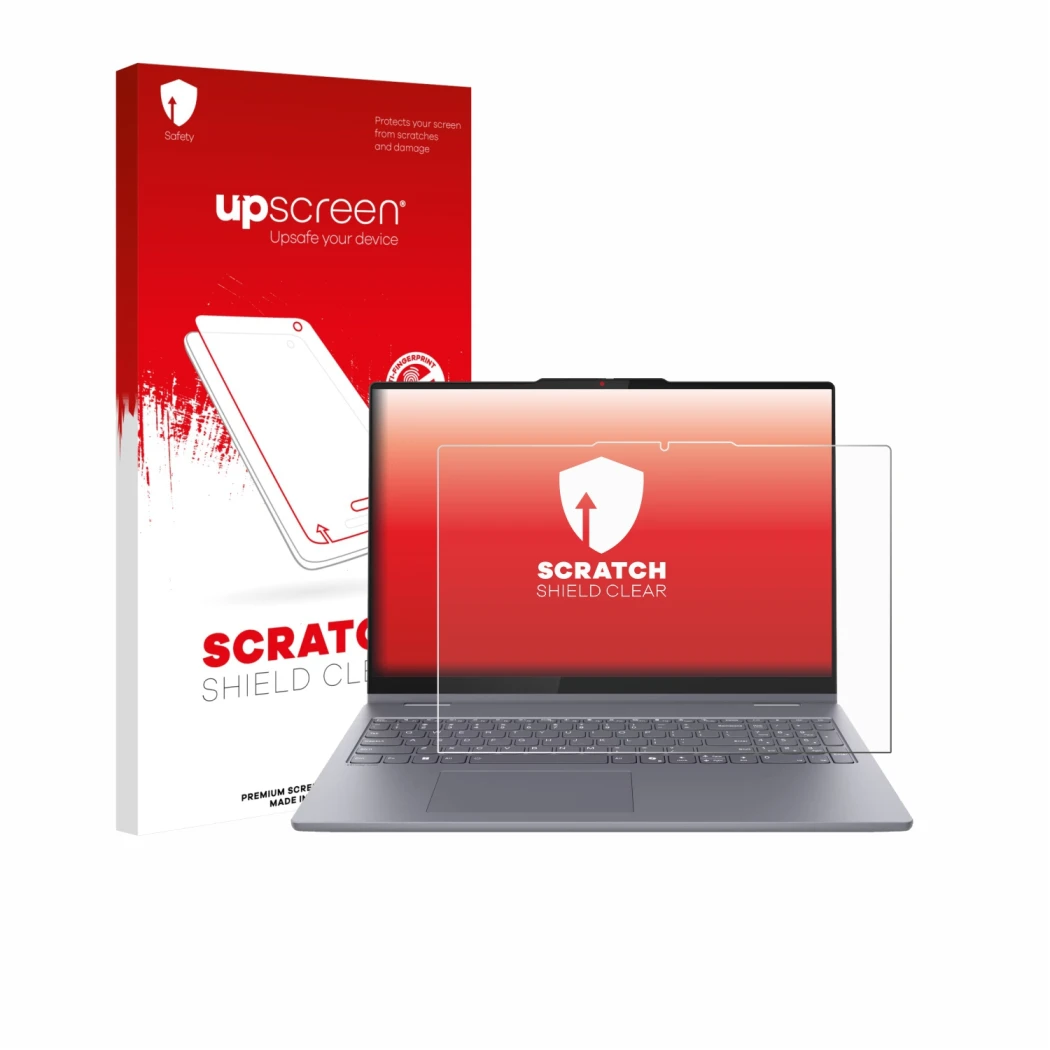 Face avant d’un emballage produit avec le logo de la marque upscreen. À côté, l’appareil Lenovo IdeaPad 5 2-in-1 14AKP10 est r