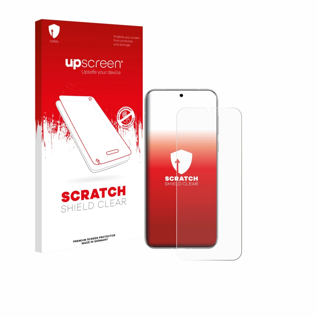 Face avant d’un emballage produit avec le logo de la marque upscreen. À côté, l’appareil Huawei Pura 80 Pro est représenté ave