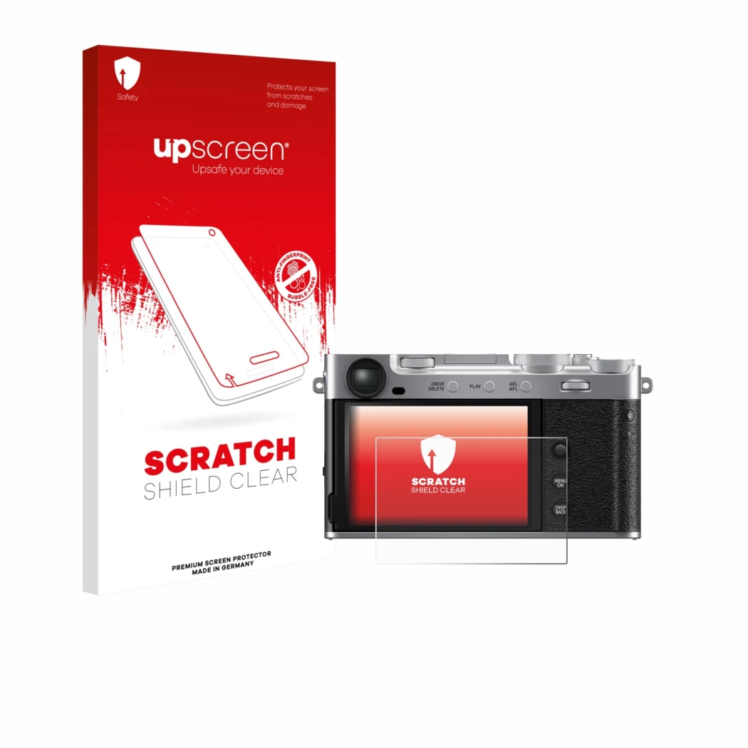 Face avant d’un emballage produit avec le logo de la marque upscreen. À côté, l’appareil Fujifilm X-E5 est représenté avec la