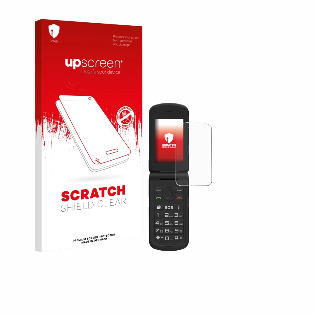 Face avant d’un emballage produit avec le logo de la marque upscreen. À côté, l’appareil AGM M10 est représenté avec la protec