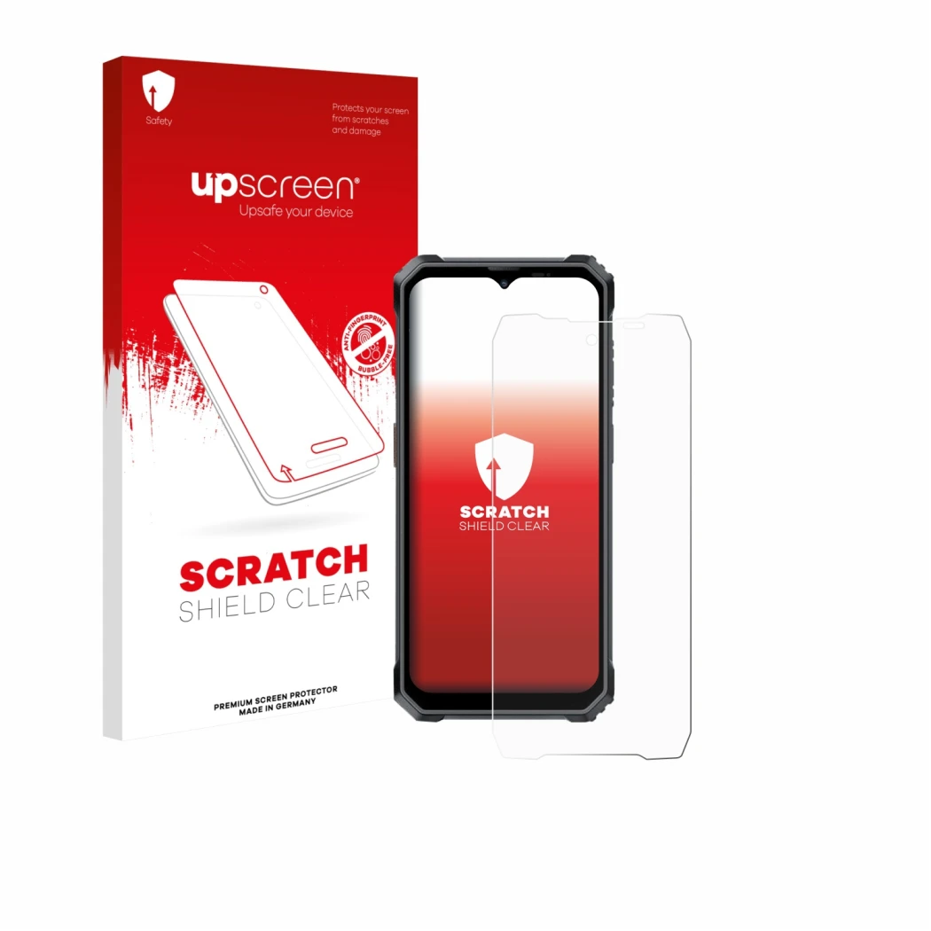 Face avant d’un emballage produit avec le logo de la marque upscreen. À côté, l’appareil Blackview BL7000 est représenté avec 